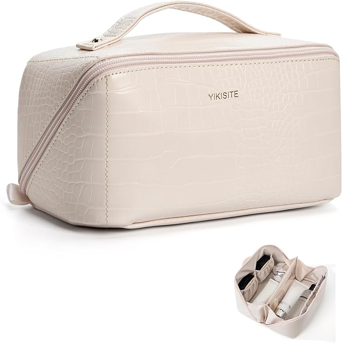 Make Up Bag, Cosmetic Organizer for Women, Waterproof Croc PU Leather Makeup Organizer with Divider and Handle Toiletry Bag Travel Bag(Croc Embossed, White)