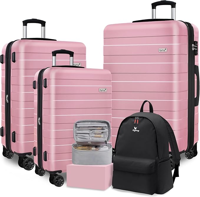 Zebra Luggage Sets 5 Piece, Lightweight Hardside Business Travel Suitcase Set with TSA Lock, Bonus Travel Backpack & Makeup Bag, 20/24/28 inch, Pink