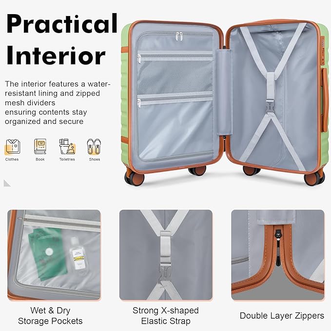 Luggage Sets 3 Piece with Spinner Wheels, Lightweight PC Hardside Suitcase with TSA Lock & YKK Zippers, 20 Inch Carry On Luggage with Travel Bag for Men and Women, Avocado Green