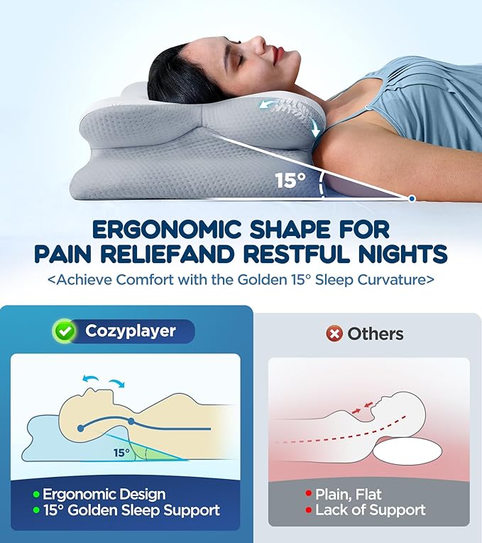 Cozyplayer Effective Pain Relief Cervical Neck Pillow for Sleeping, Ergonomic Cooling Side Sleeper Pillow for Neck Support, Odorless Contour Memory Foam Pillows, Bed Pillow for Stomach Back Sleeper