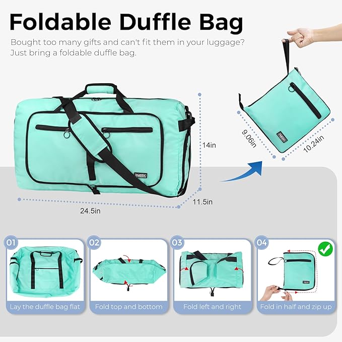 Fmeida 65L Duffle Bag with Shoes Compartment, Foldable Travel Duffel Bags for Men Women, Large Packable Travel Bag Water Repellent & Tear Resistant (Mint Green)