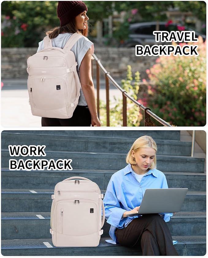 ECOHUB Travel Backpack for Women, 18x14x8 Spirit Airlines Personal Item Bag with Clear Toiletry Bag, Laptop Carry on Backpack with USB Port, Airline Approved Under Seat 14 Pockets 30L, Beige