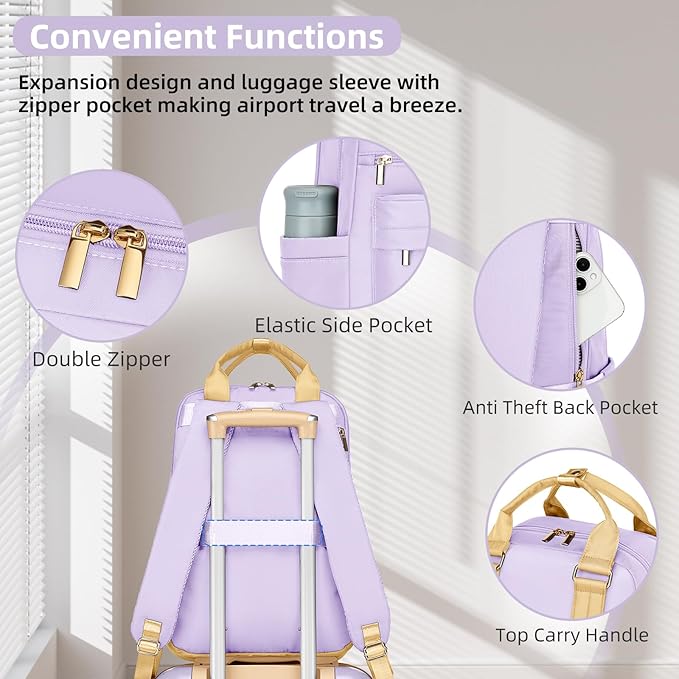 LARVENDER Luggage Sets 3 Piece Expandable Carry on Luggage 22x14x9 Airline Approved Hardshell Suitcase with Wheels TSA Lock, Lightweight Suitcase Set for Women with Travel Backpack, Lavender