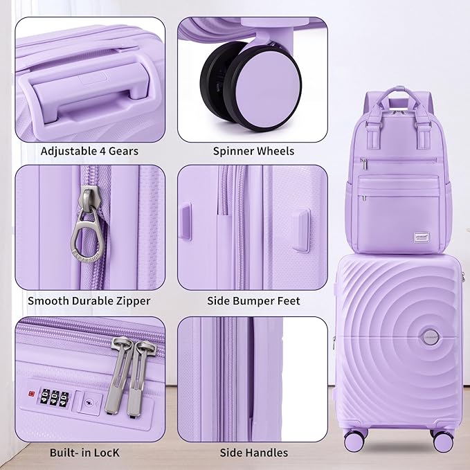 Carry On Luggage Set 22x14x9 Airline Approved, Expandable 20 Inch Carry-On Suitcases With Wheels, Lightweight Luggage Sets 3 Pieces With Backpack, Lavender