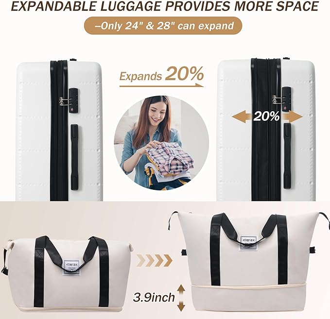 Merax Luggage Sets 5 Piece, Hardside 20" Half-opening Carry On Suitcase Set with USB Port,Lightweight Travel 24" 28" Luggage with Bags TSA Locks Double Spinner Wheels,White
