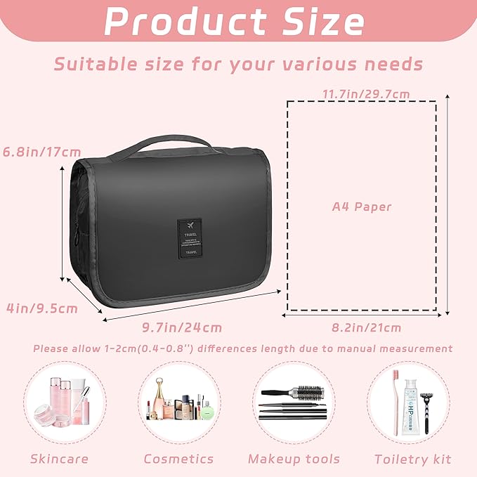 Toiletry Bag Travel Bag with Hanging Hook, Waterproof Capacity Hanging Multifunctional Makeup Bag for Toiletries, Portable Cosmetic Bag Travel Organizer for Women and Men(Black Pure)
