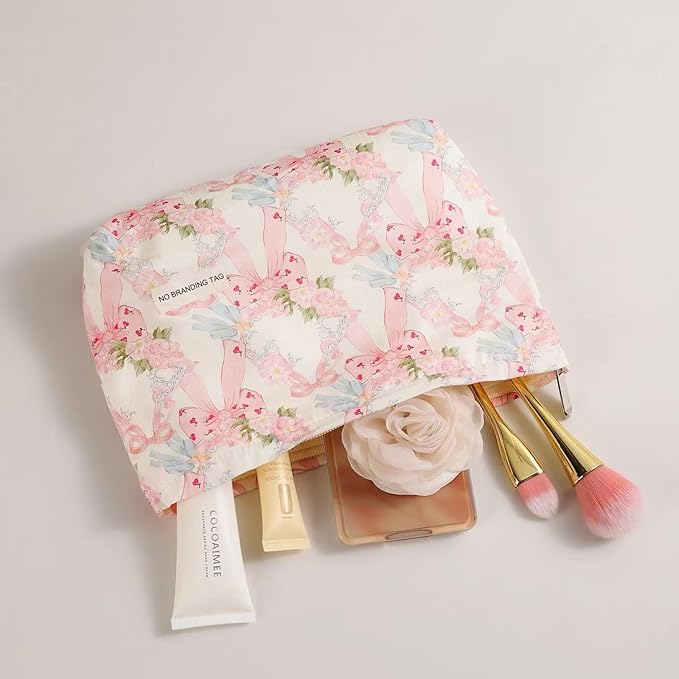 HAPPYHEIDI Makeup Bag Set 2, Cute Cosmetic Pouch, Pink Floral Bow Pattern, Cotton, Lightweight, 2 Count, Zipper Closure