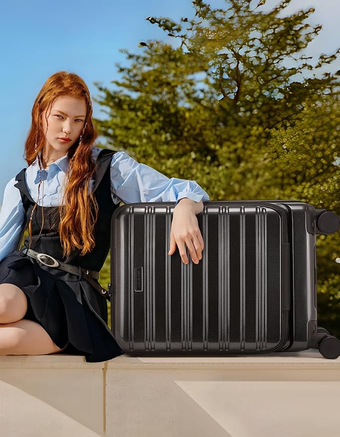 LARVENDER Carry On Luggage 22x14x9 Airline Approved, 20 Inch Expandable PC+ABS Hardside Carry On Luggage with Front Pocket Spinner Wheels TSA Lock for Women Men (Black)