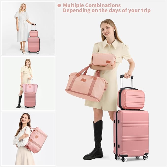 Kono Luggage Set 4 Piece Carry On Hardside Luggage with TSA Lock Spinner Wheels Carry On Suitcase Nude/Rose Pink