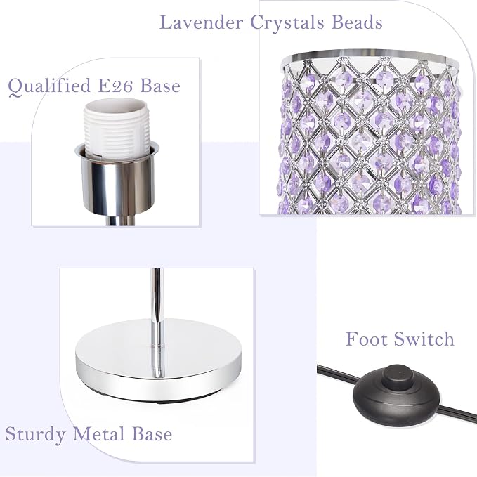 Floor Lamp for Bedroom, Silver Crystal Lamp with Lavender Shade&Foot Switch | Elegant Standing Lamp, Corner Pole Lamp for Girls Bedroom Living Room Office, E26 Base