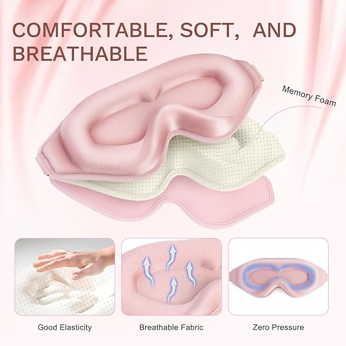 FlyCoco 99% Fully Block Out Light Eye Sleep Mask, 3D Deep Contoured Eyes Cover Zero Pressure, Long Lash Extension Eyes Mask with Adjustable Straps for Sleeping Travel Home Nap Rest Women Men (Pink)