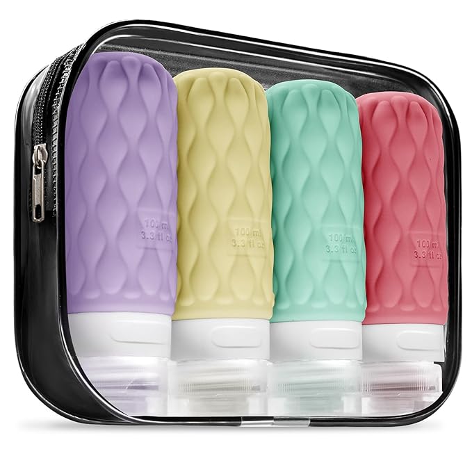 100 ml Silicone Travel Bottles for Toiletries with Labels/Clear Bag, Holiday Travel Essentials Leakproof Refillable Squeeze Travel Size Containers Set for Shampoo and Conditioner