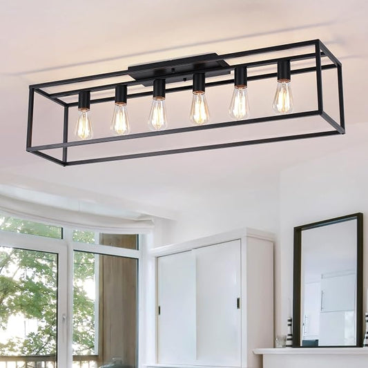 Garwarm 38" Farmhouse Kitchen Ceiling Light, Black Rectangle Flush Mount | 6-Light Farmhouse Dining Room Light Fixture, Industrial Rectangle Chandelier for Low Ceiling Living Room, Bedroom & Entryway