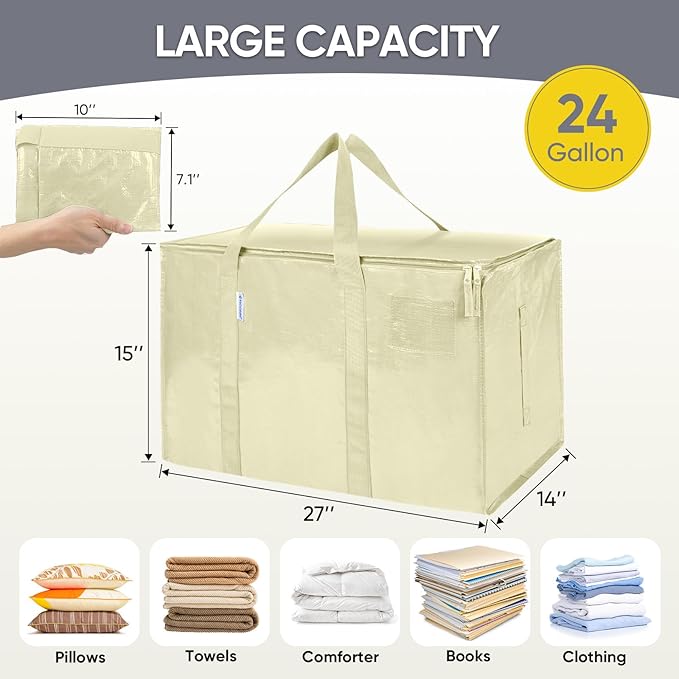 TICONN 6 Pack Extra Large Moving Bags Heavy Duty with Zippers & Carrying Handles, Durable Storage Bags Moving Boxes for Closet Organizers and Storage (6 Pack, Cream)