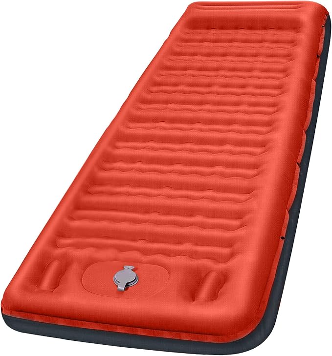 Camping Sleeping Pad, Extra Thick 5 Inch Camping Mat with Pillow Built-in Foot Pump Inflatable Sleeping Pads Compact for Camping Backpacking Hiking Traveling Tent（Orange-Black）