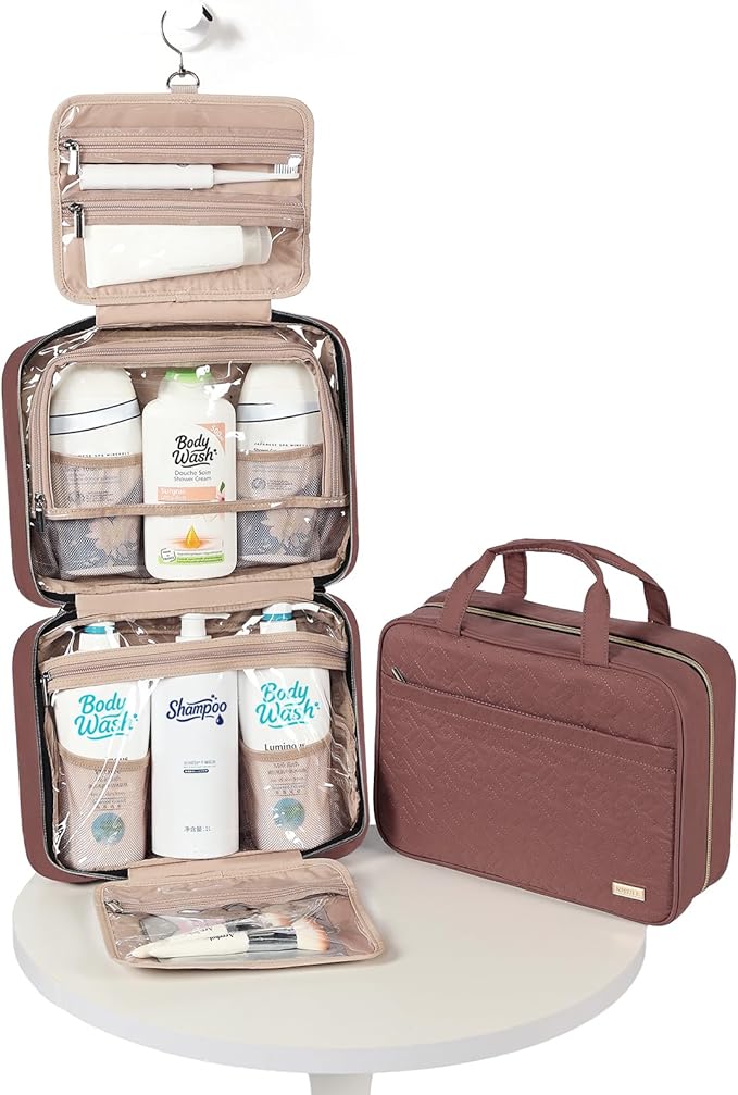 NISHEL Travel Toiletry Bag for women, Portable Hanging Organizer for Family-Sized Shampoo, Conditioner, Brushes Set, Makeup Accessories, Extra Large Size, Rosewood-Pink
