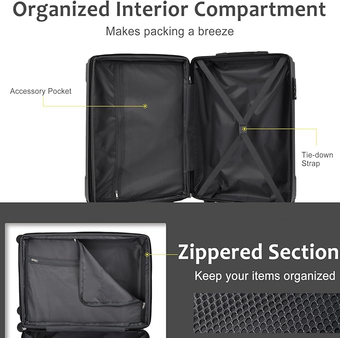 24 Inch Checked-Large Luggage, Lightweight ABS Hard Shell Suitcase with Spinner Wheels, Expandable Travel Luggage with Combination Lock & Side Hooks for Men Women, Black