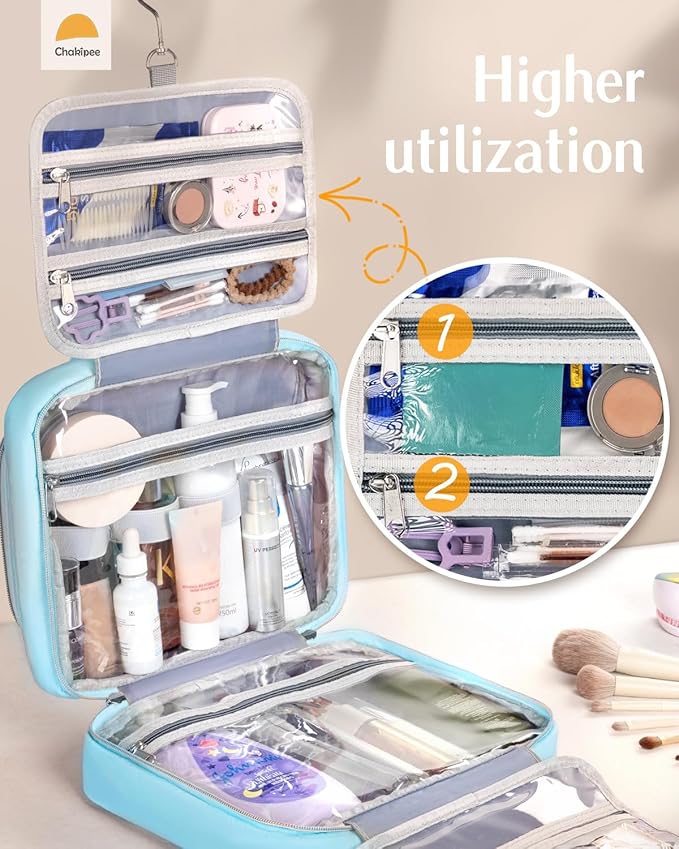 Travel Hanging Toiletry Bag for Women - Waterproof Cosmetic Organizer with Clear Window, Lightweight Bathroom Bags for Essentials, Makeup, Shampoo, Toiletries Blue,Large