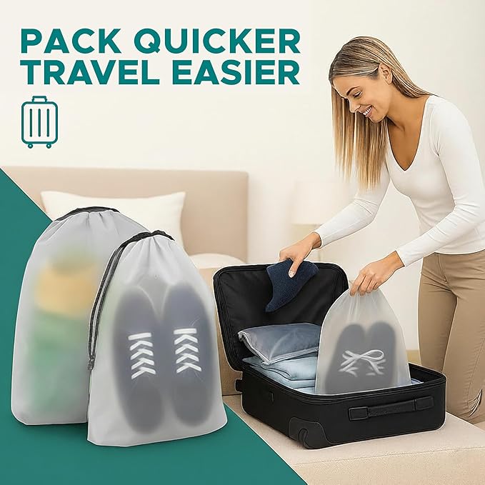 Large Shoe Bags for Travel, Waterproof Storage Organizer with Drawstring, Frosted Clear Travel Shoe Bag, 5 Pack 17.7 x 13.8 Inches