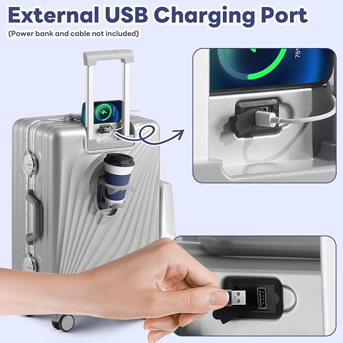20 Inch Carry On Luggage, Zipperless Luggage with Spinner Wheels, Airline Approved Suitcase with Cup Holder, TSA Lock and USB Charger for Travel, Silver(PC+Aluminum Frame)
