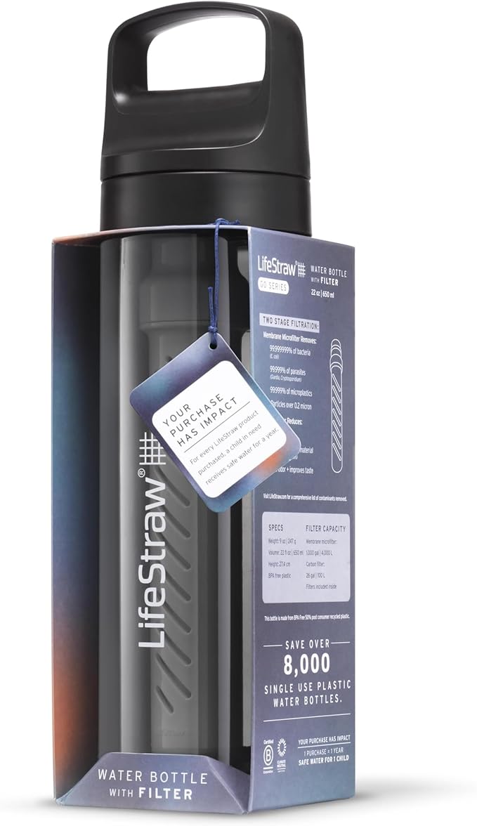 LifeStraw Go Series – BPA-Free Water Filter Bottle for Travel and Everyday Use, Removes Bacteria, Parasites and Microplastics, Improves Taste, 22 Ounce, Nordic Noir