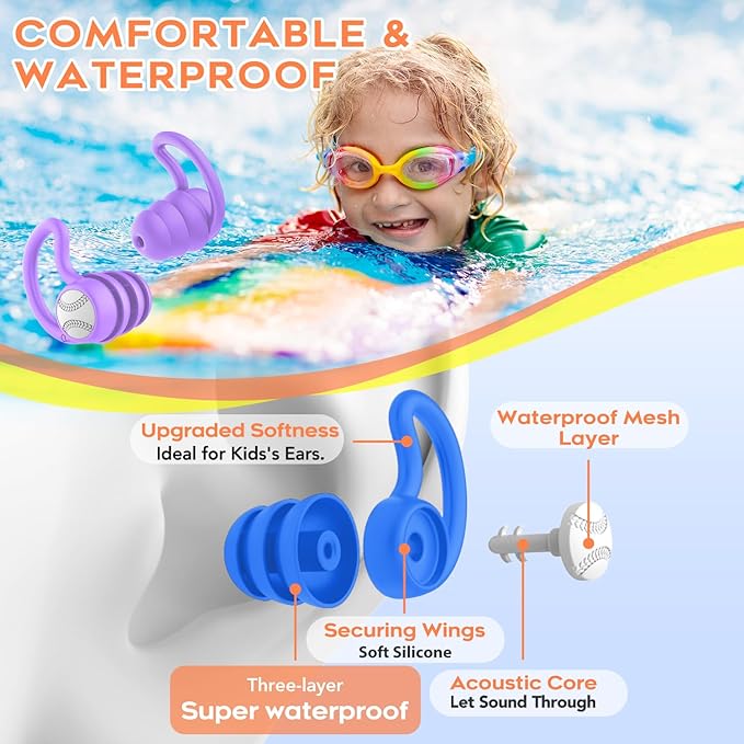 Swimming Ear Plugs Waterproof Earplugs - 3 Pairs Silicone Swim Ear Plugs for Kids, Water Sports Earplugs for Showering, Bathing, Surfing - Keep Ear Water Out (Kids- Black, Pruple, Blue)