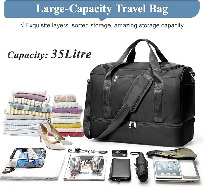 Travel Duffel Bag for Women, Carry-on Overnight Weekender Bags with Wet Pocket, For Spirit Airlines 18x14x8 Personal Item Bag,Small,Black