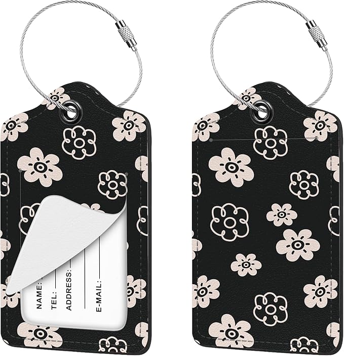 2 Pcs Luggage Tag for Suitcases, Flower Cute PU Leather Suitcase Tag Privacy Cover ID Label with Metal Loop, Personalized Baggage Identifier for Women Cruise Bag Travel Essentials