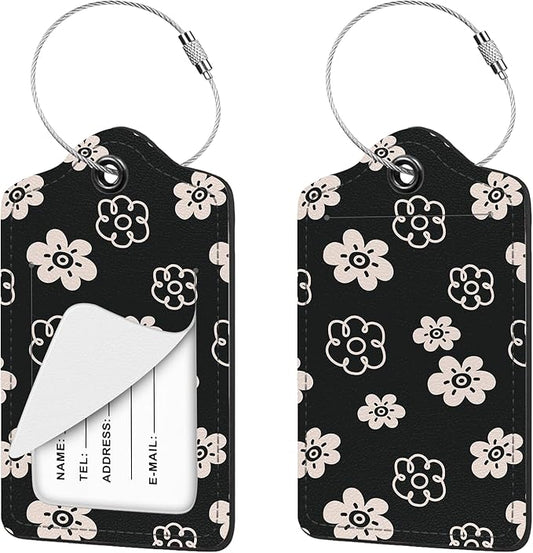 2 Pcs Luggage Tag for Suitcases, Flower Cute PU Leather Suitcase Tag Privacy Cover ID Label with Metal Loop, Personalized Baggage Identifier for Women Cruise Bag Travel Essentials