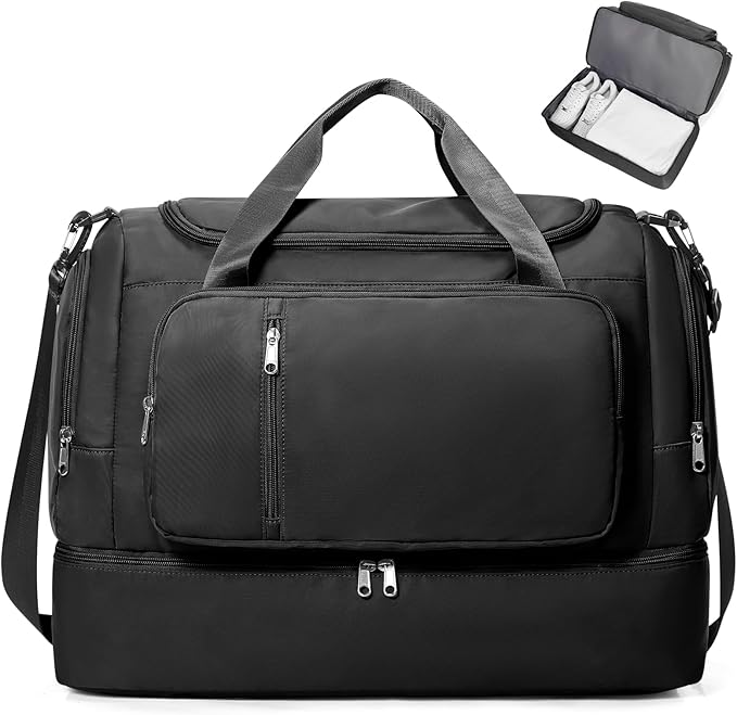 Travel Duffle Bag, Weekender Bags for Women,Carry On Overnight Personal Item Travel Bag with Shoes Compartment,Black