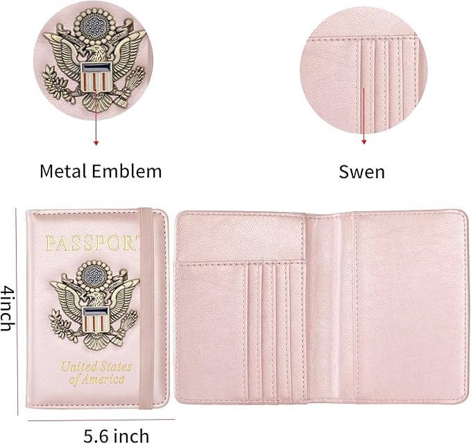 Passport Holder and Card Slot Combo RFID Blocking Leather Travel Passport Wallet for Men and Women US Passport Cover,Rose Gold
