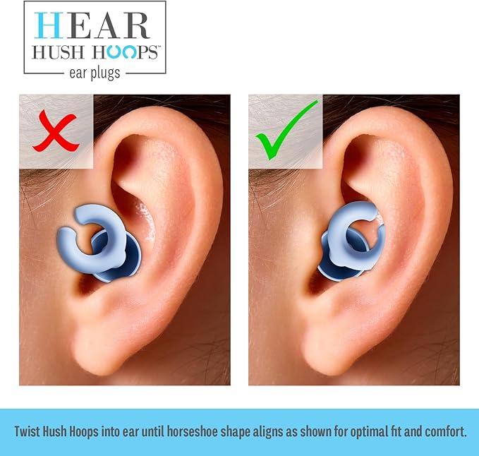 Hush Hoops Ear Plugs, Ultra-Soft Reusable Noise Reducing Earplugs with Horseshoe Shape for Comfort, 4 Tip Sizes for Customizable Fit, 17dB (NRR) Noise Reduction Rating, Blue, 1 Pair with Travel Case