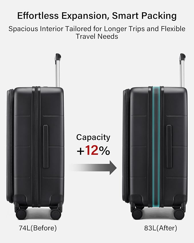 Hanke Hardside Expandable Checked Luggage, 24 Inch Top Opening Trunk Luggages with Spinner Wheels, All-PC Hard Shell Suitcase, Lightweight TSA Checked-Medium(Jet Black, 83L)