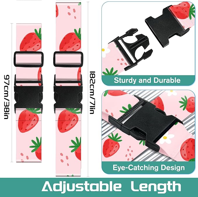 Slohif Luggage Straps for Suitcases Travel Belt Accessories Luggage Connector Identifiers 2 Pack Over Handle with Buckle Unique Nylon Adjustable Strap for Sleeping Bag Car Seat Lovely Strawberry