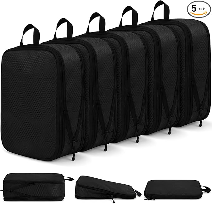 5 Pack Compression Packing Cubes for Travel Space Saving Cubes Luggage Organizer for Suitcase(Black,M)
