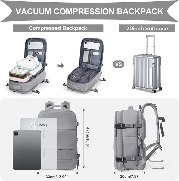 coowoz Vacuum Backpack Travel with Pump,Travel Backpack with Vacuum System For Women Men,Carry On Backpack,Hiking Backpack Waterproof Outdoor Sports Rucksack Casual Daypack,30L(Vacuum pump) Grey