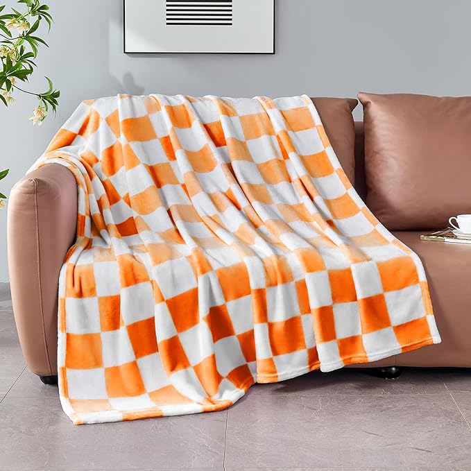 Orange Checkered Blanket, Soft Cozy Fleece Checkered Throw Blankets for Bed Sofa Couch Camping, Ultra Fluffy Throws for All Seasons, 60x80 Inch, Orange