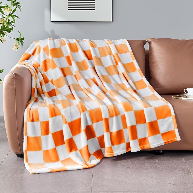 Orange Checkered Blanket, Soft Cozy Fleece Checkered Throw Blankets for Bed Sofa Couch Camping, Ultra Fluffy Throws for All Seasons, 50x60 Inch, Orange
