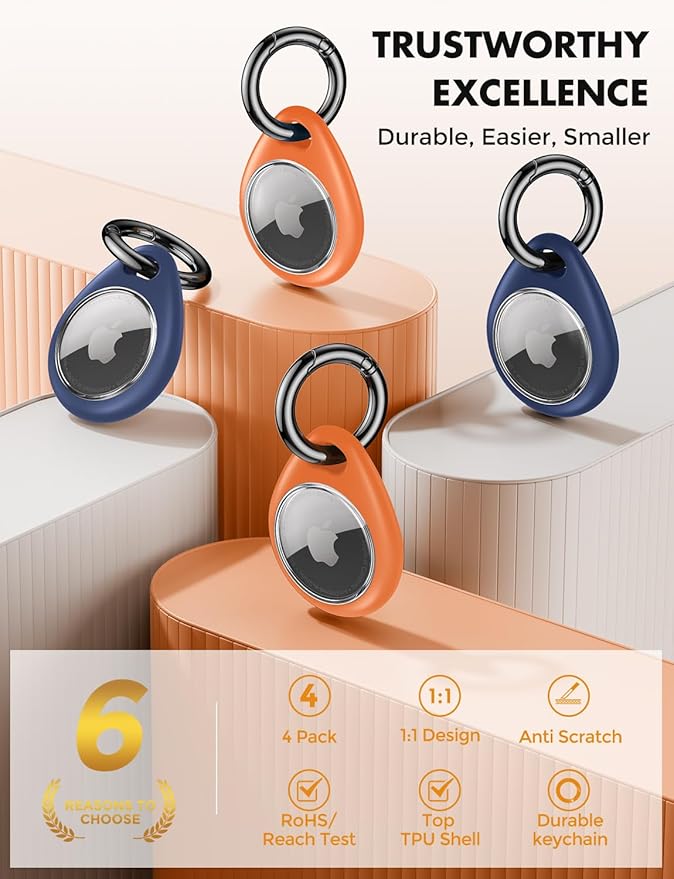 UNBREAKcable AirTag Holder for Apple - 4 Pack Air Tag Case [Fit Tightly Design] [Easy to Install] [Hold Securely] Waterproof TPU Protective Cover with Metal Keychain for Kids,Pet,Luggage,Backpack,Keys