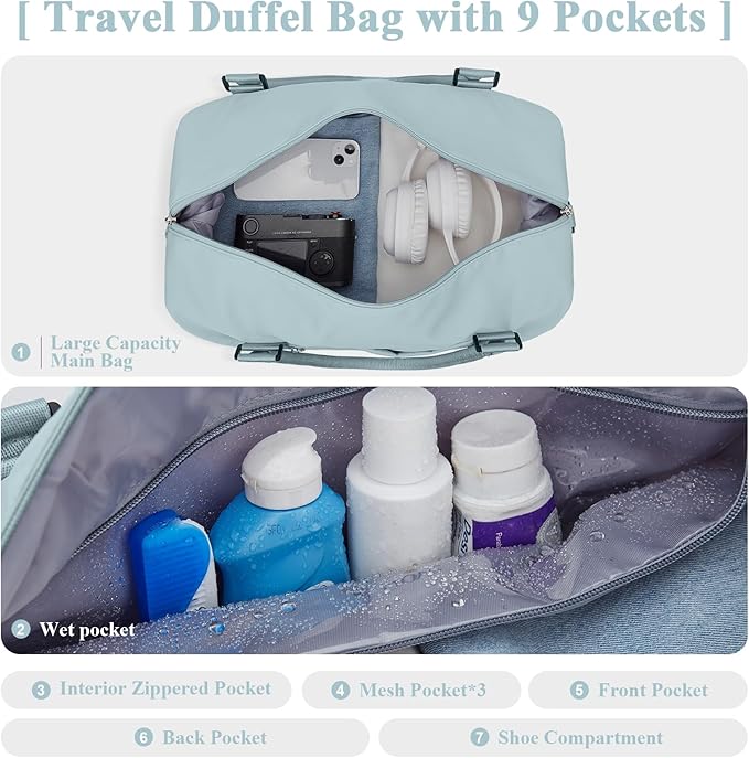 Travel Duffel Bag with Shoes Compartment, Carry on Overnight Weekender Bags for Women, For Spirit Airlines 18x14x8 Personal Item Bag
