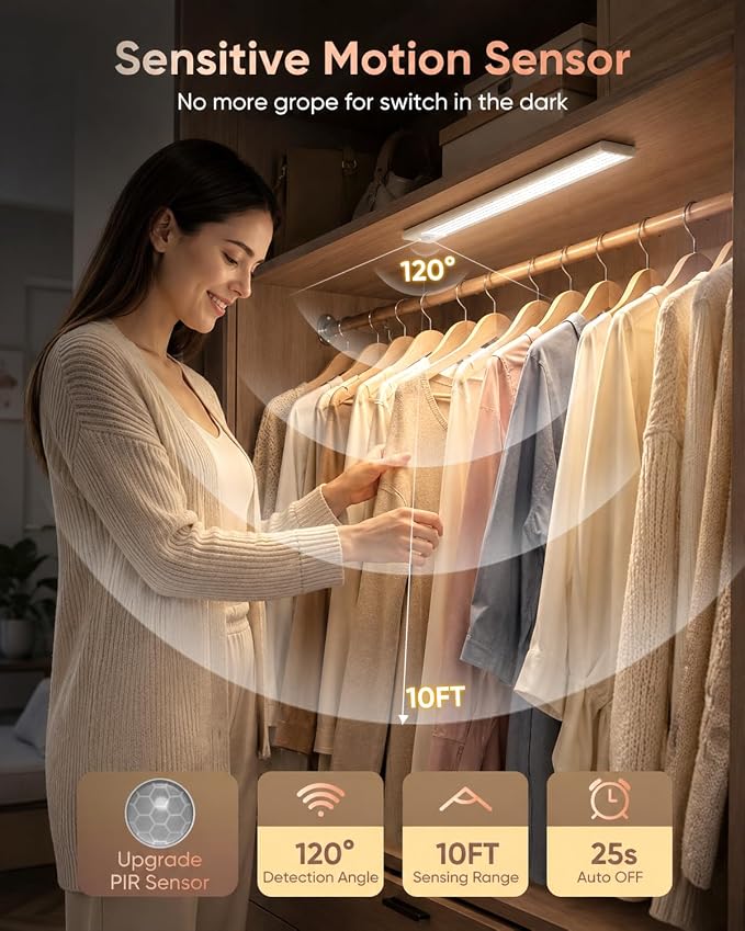 12inch Under Cabinet Lighting Wireless 5 Pack 3000mAh Motion Sensor Light | 450LM Bright Under Counter Closet Lights for Kitchen, Stairs Rechargeable Battery Operated Stick On Dimmable, Magnetic