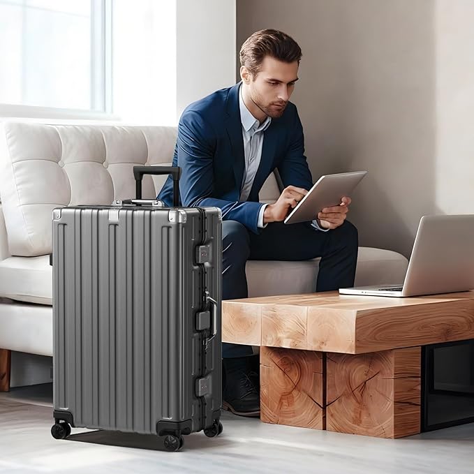 Krute Aluminum Frame Luggage 28 Inch Checked Suitcase with Spinner Wheels TSA Approved No Zipper Hard Shell Luggage PC+ABS Travel Suitcase