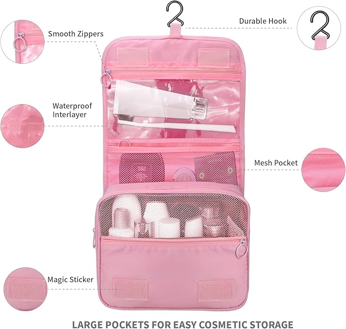 Large Capacity Toiletry Bag Travel Bag with Hanging Hook for Men and Women Waterproof Travel Cosmetic Bag Bathroom Storage Bag for Brushes Set, Full-Sized Shampoo,Accessories(Pink Stripe)