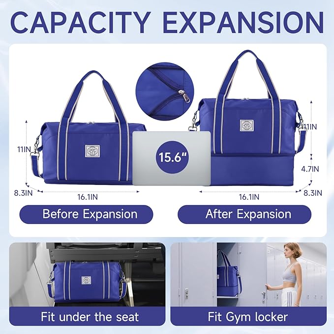 WALNEW Travel Duffel Bag, Weekender Overnight Carry On Bag for Women Men, Foldable Waterproof Gym Luggage Duffle Bag with Metal Buckle Detachable Shoulder Strap and Wet Compartment (Klein Blue)