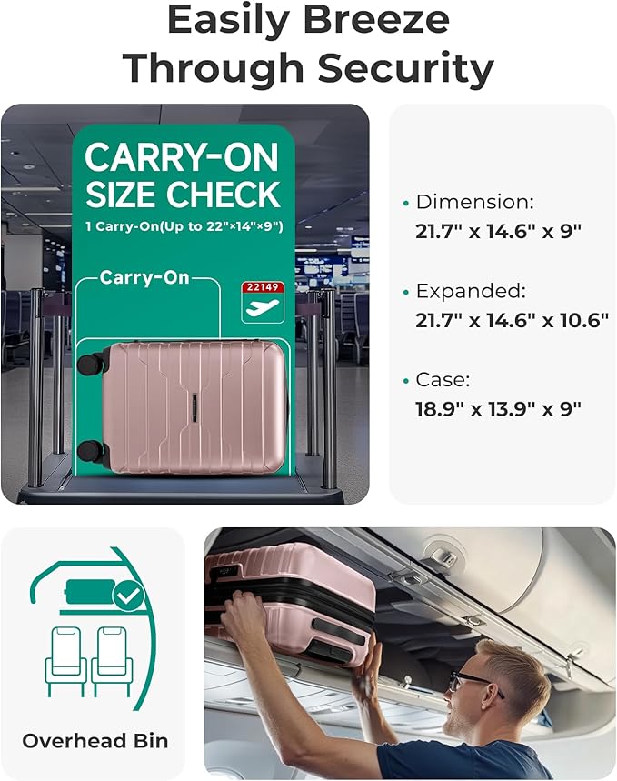 BAGSMART Carry On Luggage 22x14x9 Airline Approved with Spinner Wheels,Lightweight 20 Inch Luggage with TSA Lock,Expandable Hard Shell Carry On Suitcases for Men Women,Rose Gold