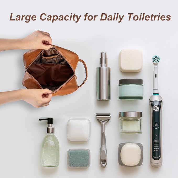 Travel Toiletry Bag for Men and Women, Travel Shaving Dopp Kit Water-resistant Bathroom Toiletries Organizer PU Leather Cosmetic Bags (Dark Brown)