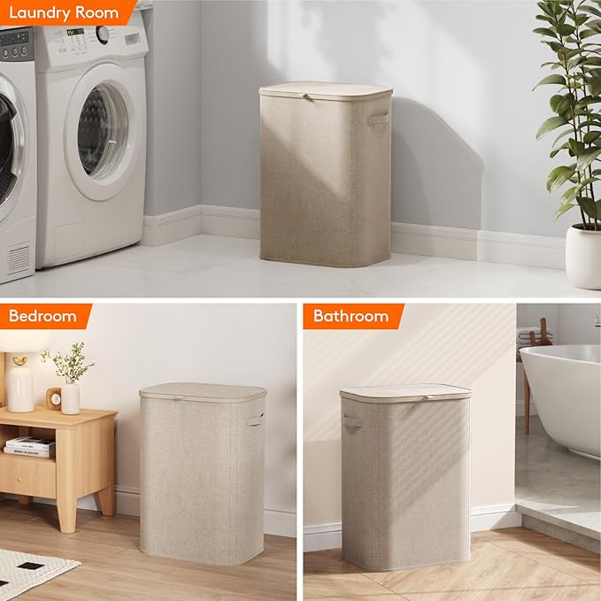 Lifewit 85L Large Laundry Basket with Lid, Laundry Hamper with Plastic Handles and Removable Bag, Foldable Tall Dirty Clothes Hampers for Laundry for Laundry Room, Bedroom, Bathroom, Dorm, Beige