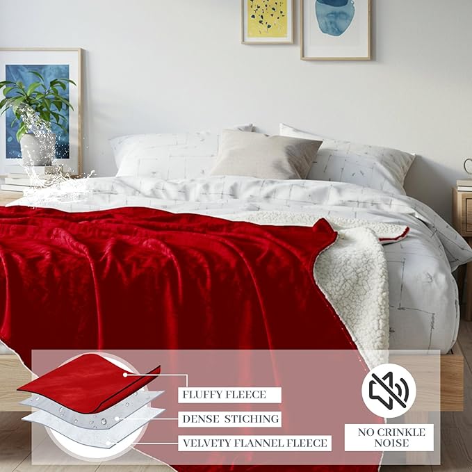 Tisancy Red Waterproof Bed Blanket, Twin Size 50'' x 80'' Double Side Leakproof Reversible Sherpa Flannel Fleece 3 Layer Lightweight Blanket, Absorbs 44oz
