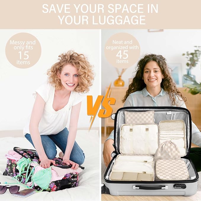 KPX 8 Set Packing Cubes for Travel, Luggage Packing Organizers Accessories Large Toiletries Bag for Clothes Shoes Cosmetics (Two-tone Khaki)