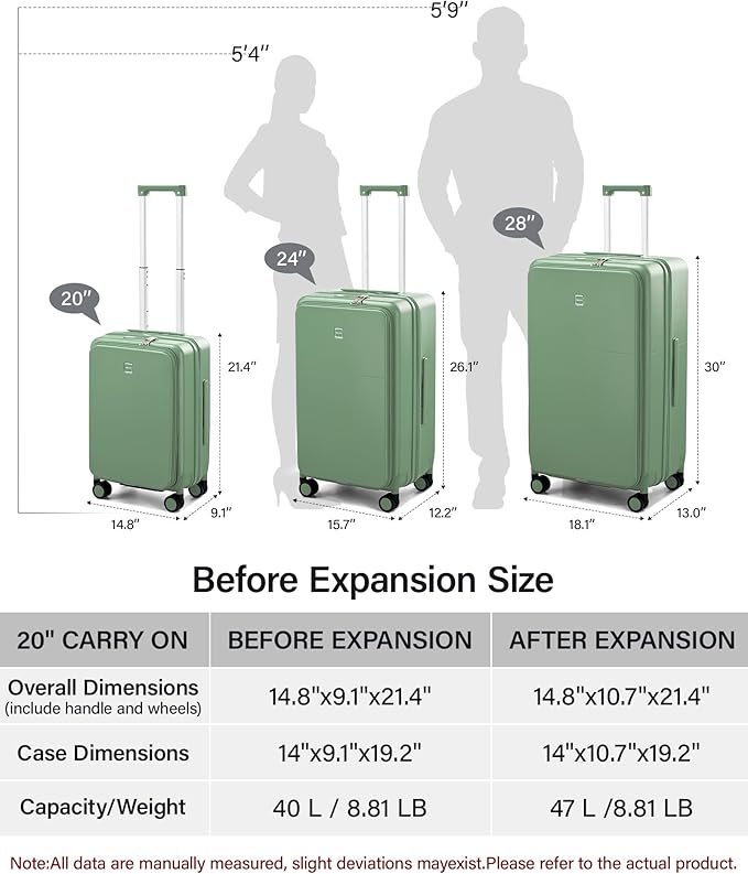 Hanke 20 Inch Expandable Carry On Luggage with Cup Holder 22x14x9 Airline Approved, Top Opening Hard Shell Suitcases with Wheels, Carry-On Travel Suitcase Trunk Luggage with Lock, Forest Green